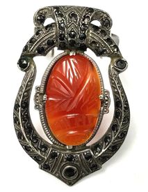 Carved carnelian and marcasite scarf clip, in sterling silver