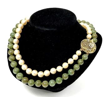 Cultured akoya pearl & nephrite jade double strand necklace with 18k gold and platinum filigree spider web pearl clasp set with diamonds