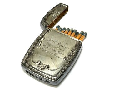 Art Nouveau era antique repoussé sterling silver match safe, circa 1909, with original matches!
