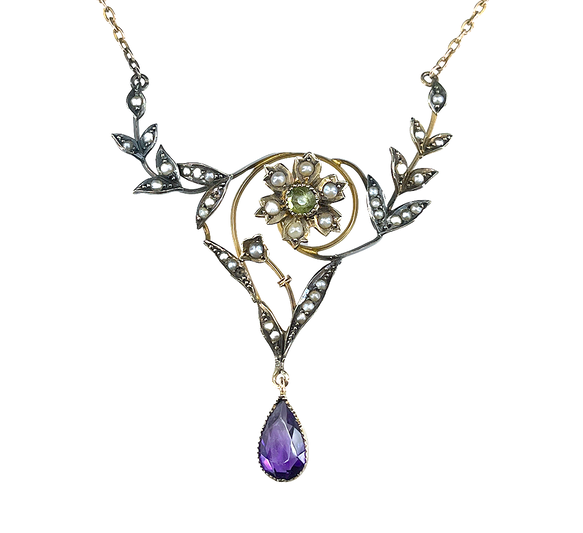 Art Nouveau Era antique Suffragette necklace set with amethyst, seed pearl, and peridot