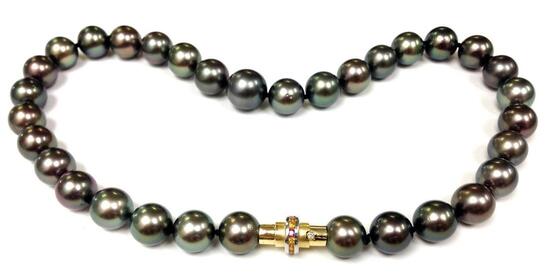 Cultured Tahitian pearl necklace with an 18K gold pusher clasp set with diamonds and multicolored tourmaline