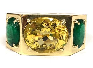 Custom made helidor & emerald 3-stone beryl ring in 18K gold