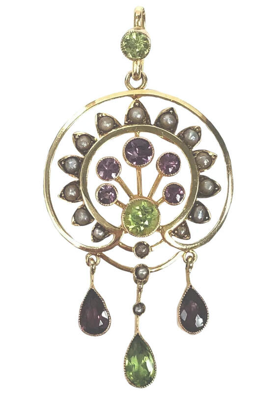 Art Nouveau Era antique Suffragette pendant set with amethyst, seed pearl and peridot