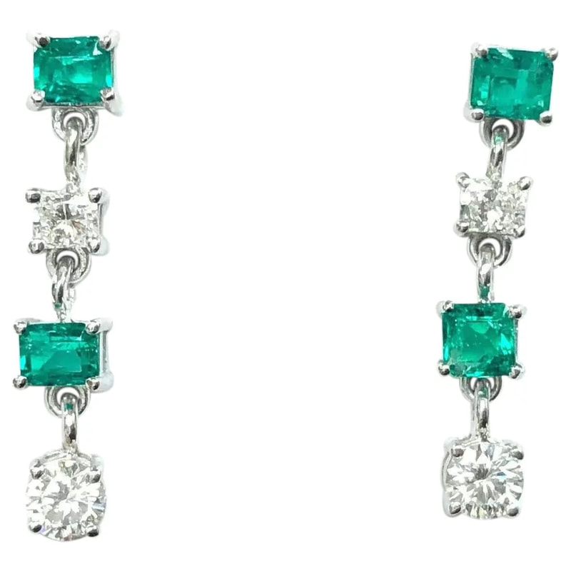 Natural Colombian emerald, diamond, and 18K white gold dangle earrings