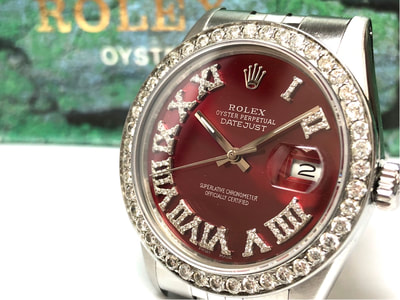 Men's Rolex Datejust with a very LOUD, red aftermarket dial with diamond Roman numeral hour indexes, and aftermarket diamond bezel.
