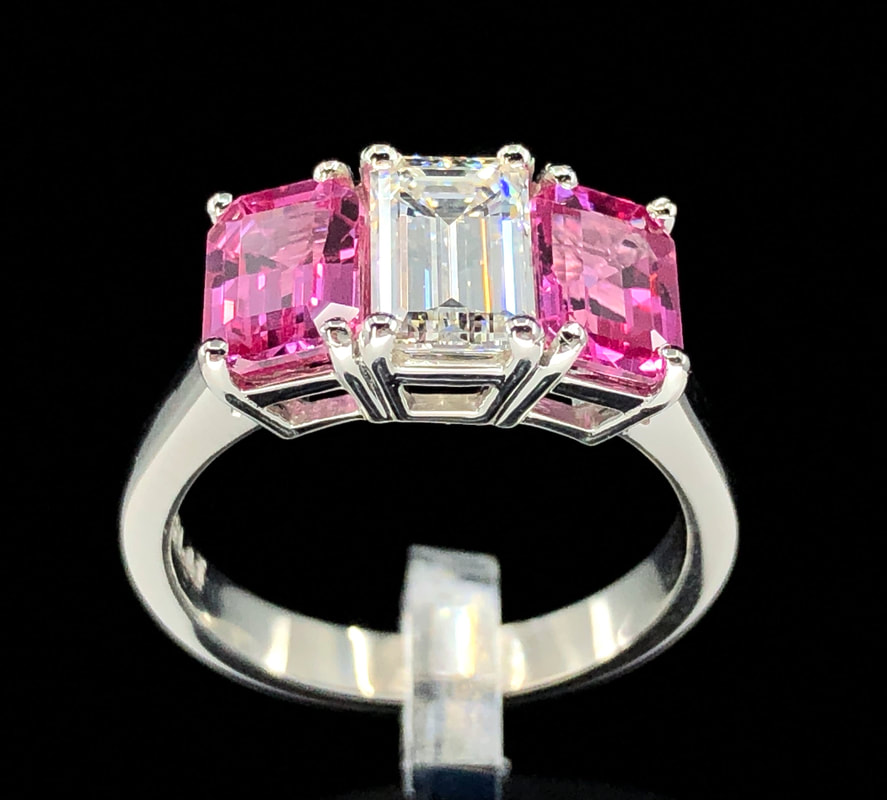 GIA 1.05 ct. G VS1 emerald cut diamond and GIA 2.49 ctw emerald cut no-heat pink sapphire 2-stone ring in platinum