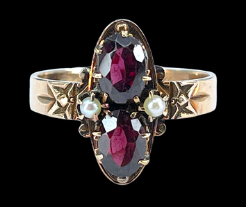 Victorian Era antique 14K gold, almandine garnet, and seed pearl ring, dated 1883