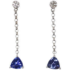 Custom-made trillion cut tanzanite and diamond dangle earrings