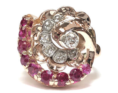 Retro Era vintage rose gold, platinum, ruby and diamond fan ring