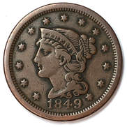 Obverse of an 1849 Braided Hair Large Cent