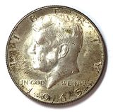 Obverse of a 1965 Kennedy silver half dollar