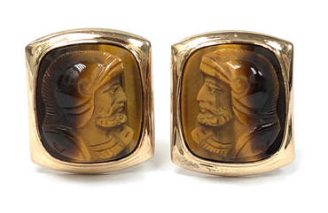 Vintage carved tiger's eye cameo cufflinks in 10K gold