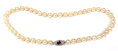 Art Déco Era akoya pearl necklace with platinum, fine ruby & diamond clasp (c.1930)