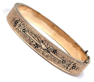 Taille d'épargne enameling on a Victorian era antique gold-filled bangle bracelet