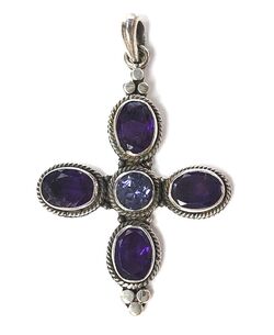 Vintage sterling silver cross pendant set with iolite and amethyst
