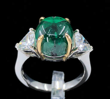 GRS 5.42 ct. natural Colombian trapiche emerald & trillion cut diamond ring in platinum with 18K yellow gold prongs