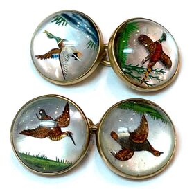 Victorian Era antique 18K gold Essex crystal cufflinks with flying ducks
