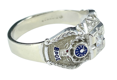 Vintage BPOE Benevolent and Protective Order of Elks 14K white gold, 0.25 ct. diamond, and blue enamel ring by Kinsley & Sons