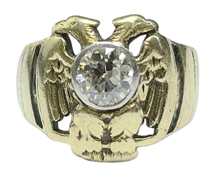 Edwardian Era antique 32nd Degree Masonic Scottish Rite ring set with a large old mine cut diamond in a platinum bezel