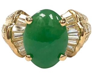 GIA certified 6.13 ct Type A natural untreated jadeite jade, 18K gold & 1.85 ctw diamond ring