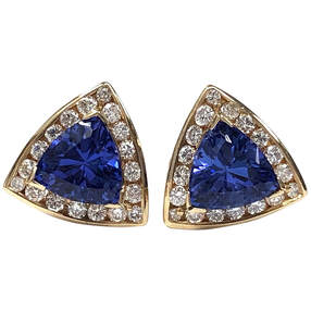 Trillion cut tanzanite & diamond triangle earrings in 14K gold with French back closures