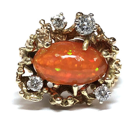Vintage 14K gold nugget ring set with a 3.50 ct. precious fire opal and old transitional cut diamonds
