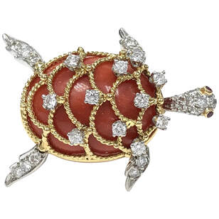 Vintage Hammerman Brothers turtle brooch featuring precious red coral, diamond and ruby set in 18K gold