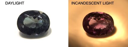 Color change alexandrite appears red in incandescent light and green in daylight