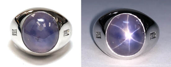 Custom made, vintage natural lavender star sapphire set in a 14K white gold gypsy setting