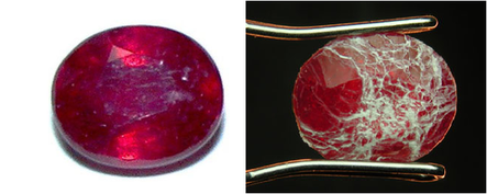 ​Faceted rubies are rapidly heated and cooled, creating many tiny cracks that are then filled with a dyed filler.