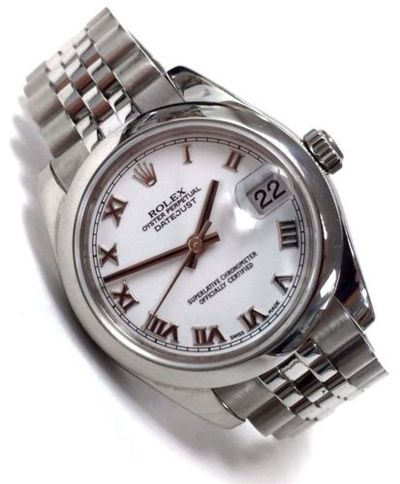 Rolex Oyster Perpetual Datejust in stainless steel with polished dome bezel, Jubilee bracelet, and a white Roman dial.