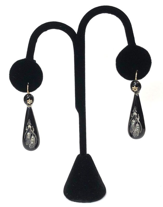 A pair of Victorian Era antique sterling silver mourning earrings with black enamel and seed pearls