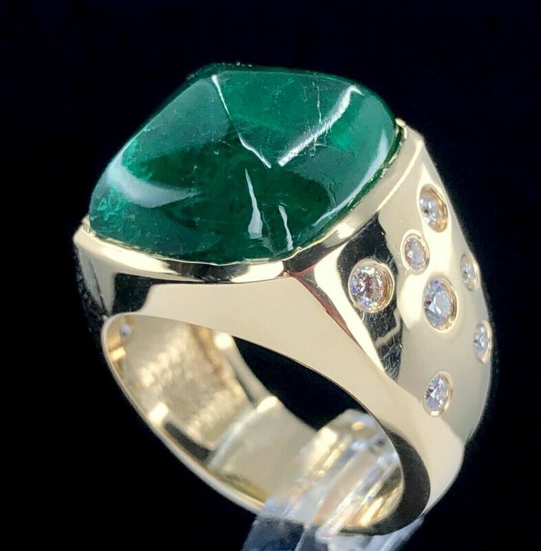 A 13.18 ct. natural sugarloaf emerald, diamond, and 18K gold ring with GIA Emerald Report
