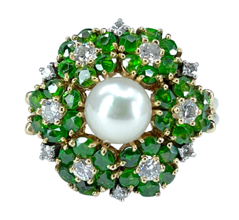 A beautiful, handmade vintage 18K gold, cultured akoya pearl, demantoid garnet and diamond ring