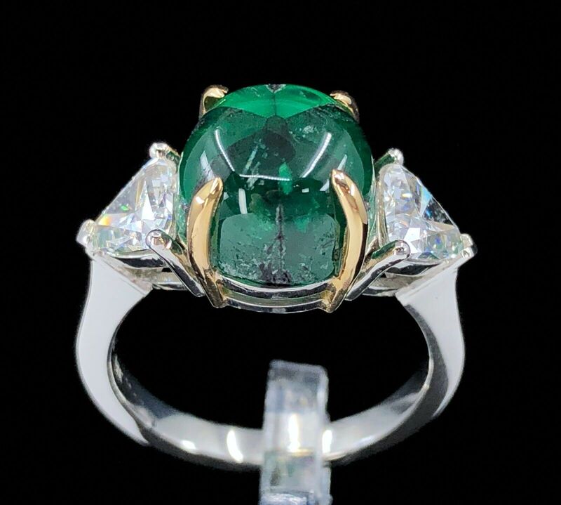 An extremely rare 5.42 ct. natural Colombian trapiche emerald, diamond, platinum, and 18K gold ring with GRS Lab Report